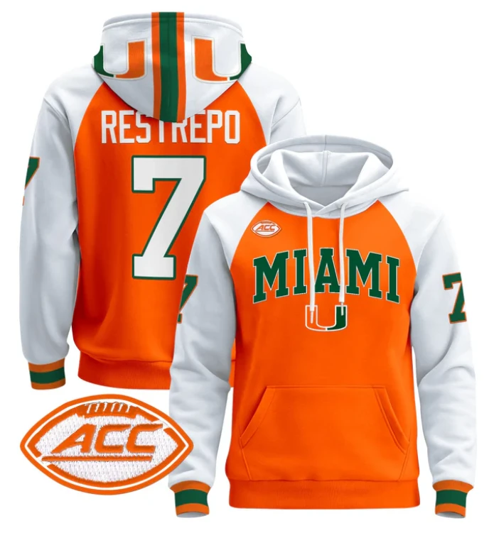 Men's Xavier Restrepo Hoodie #7 Miami Hurricanes 2024 Pullover V2 by Hoodie Pullover