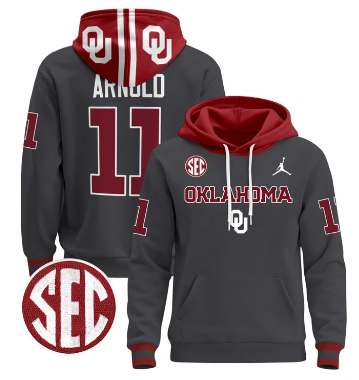 Men's Jackson Arnold Hoodie #11 Oklahoma Sooners 2024 Pullover V3 by Hoodie Pullover