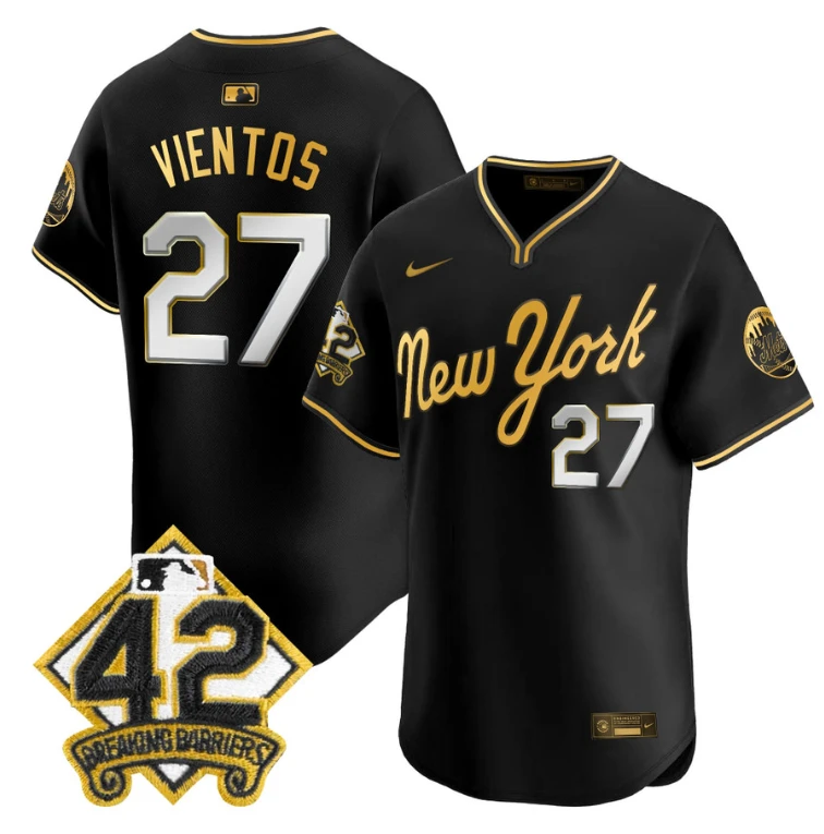 Mark Vientos Jersey #27 New York Mets 2025 Jackie Robinson Patch Road Alternate Stitched Black Gold by My Store