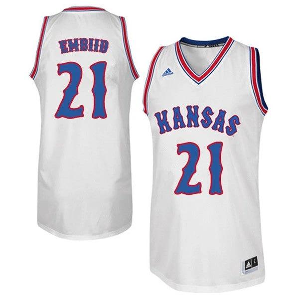 Men's Kansas Jayhawks #21 Joel Embiid Jersey White Retro NCAA College Basketball Jerseys by My store basketball