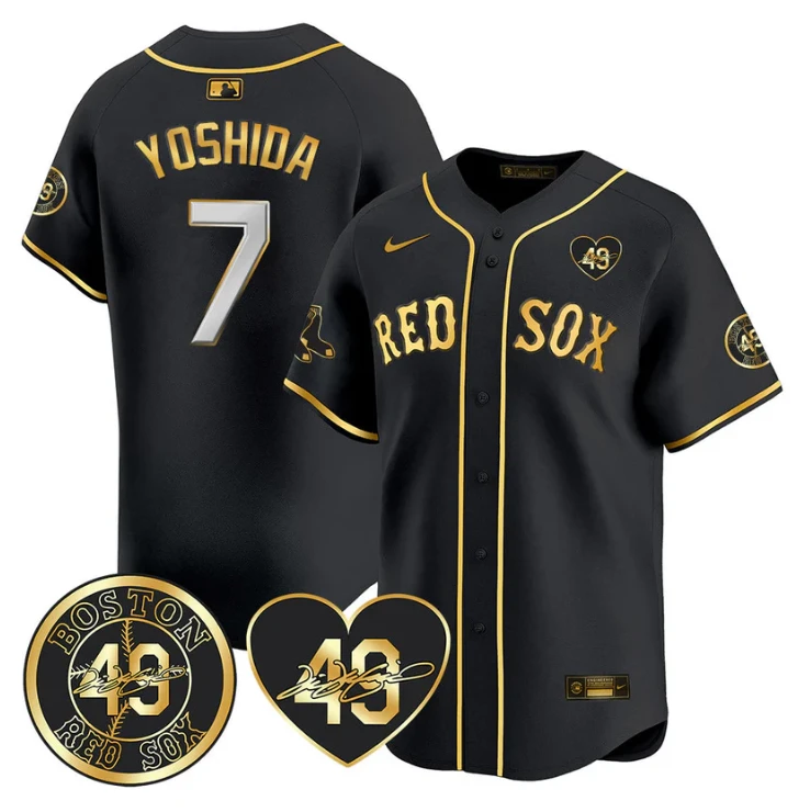 Masataka Yoshida Jersey #7 Boston Red Sox Tim Wakefield Memorial Patch Stitched Black Gold by My Store