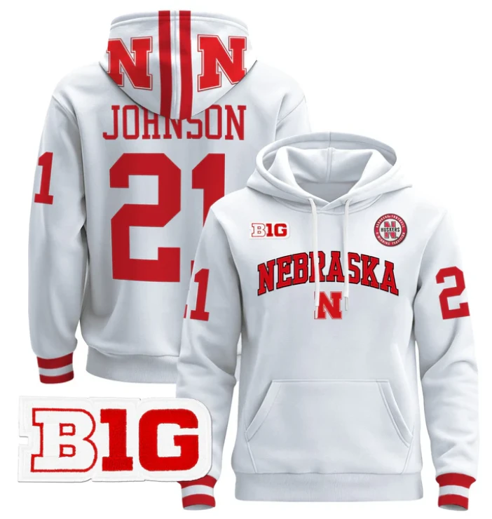 Men's Emmett Johnson Hoodie #21 Nebraska Cornhuskers 2024 Pullover by Hoodie Pullover