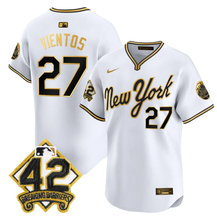 Mark Vientos Jersey #27 New York Mets 2025 Jackie Robinson Patch Road Alternate Stitched White Gold by My Store