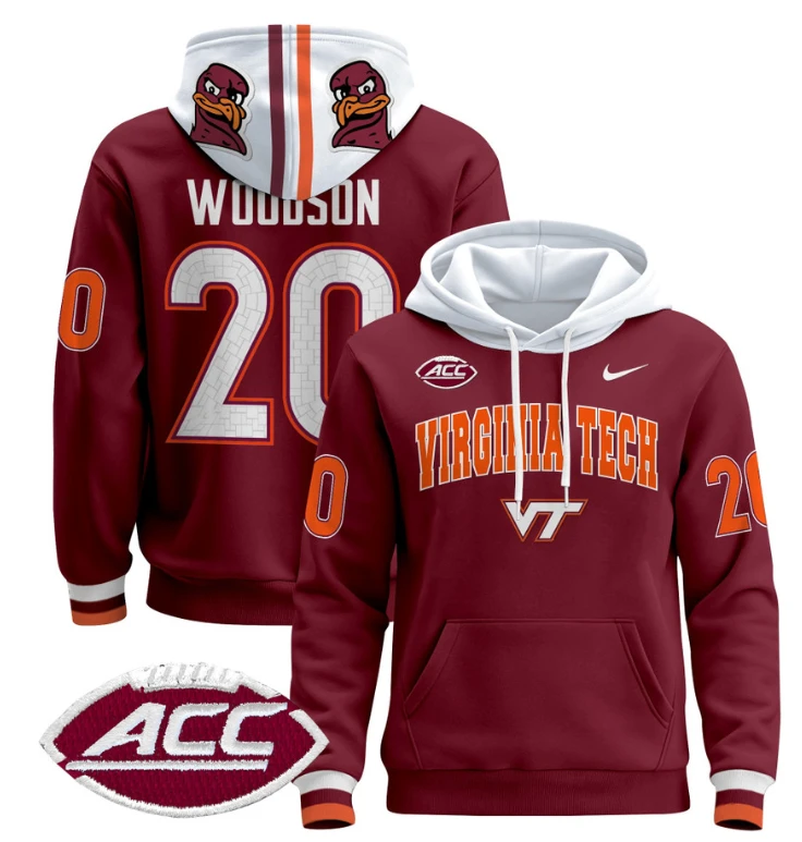 Caleb Woodson Hoodie #20 Virginia Tech Hokies Pullover V3 Maroon Alternate by Hoodie Pullover