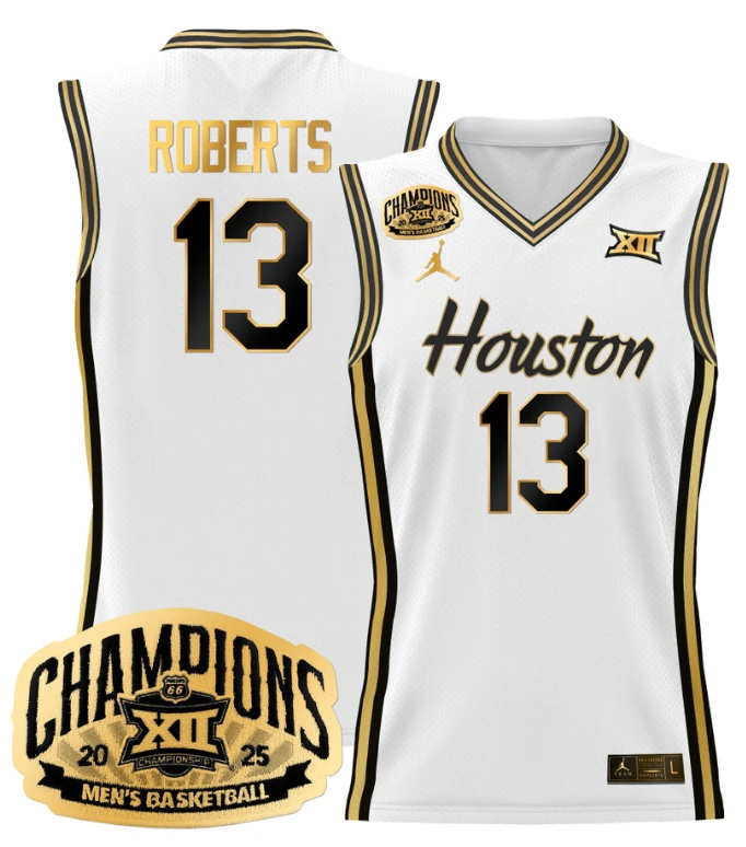 Men J'Wan Roberts Jersey #13 Houston Cougar 2025 Big 12 Champions White Gold by My store basketball
