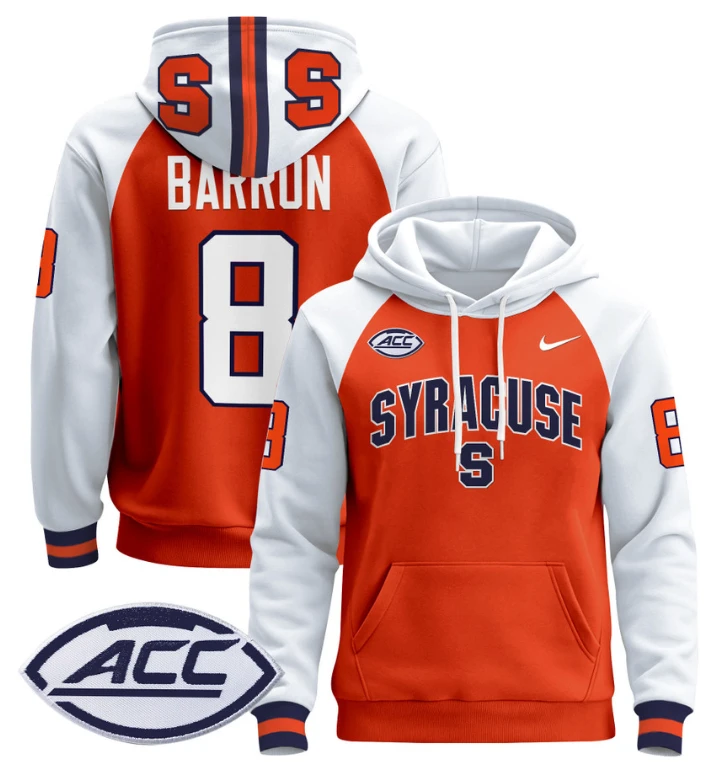 Men's Justin Barron Hoodie #8 Syracuse Orange 2024 Pullover V2 by Hoodie Pullover
