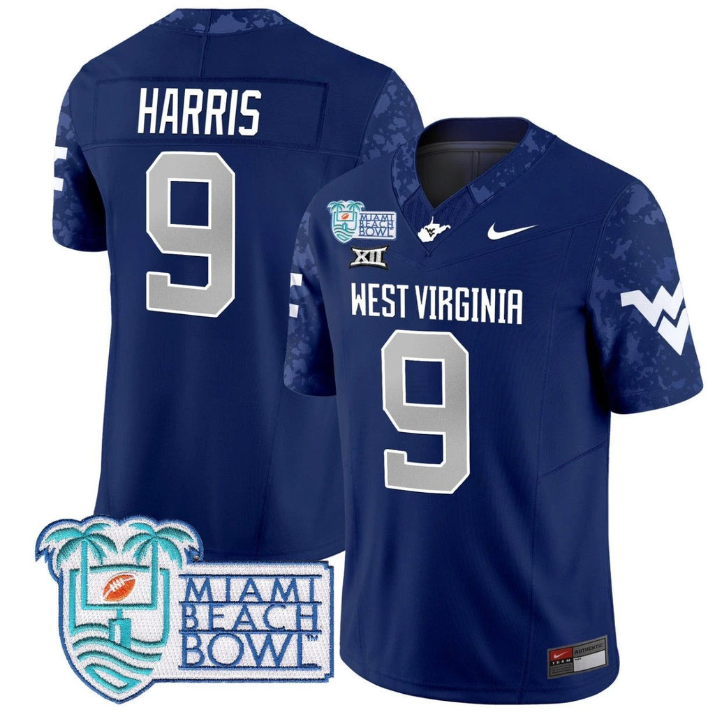 Major Harris Jersey #9 West Virginia Mountaineers 2025 Miami Beach Bowl Navy by My Store