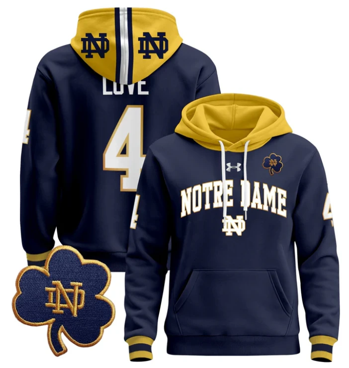 Men's Jeremiyah Love Hoodie #4 Notre Dame Fighting Irish Pullover by Hoodie Pullover