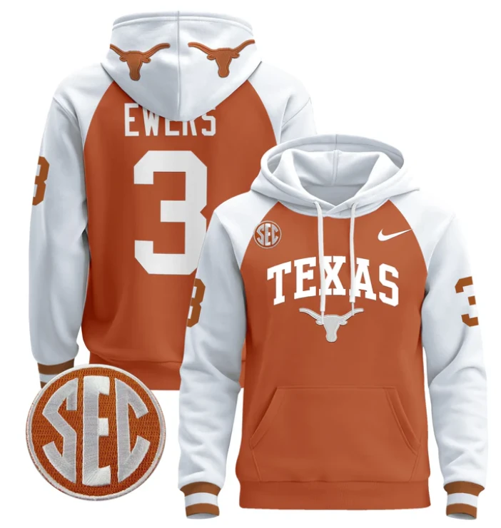 Men's Quinn Ewers Hoodie #3 Texas Longhorns Pullover Stitched by Hoodie Pullover