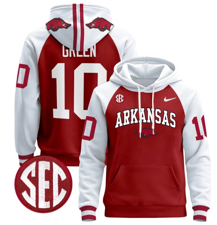 Taylen Green Hoodie #10 Arkansas Razorbacks Pullover Black Alternate by Hoodie Pullover