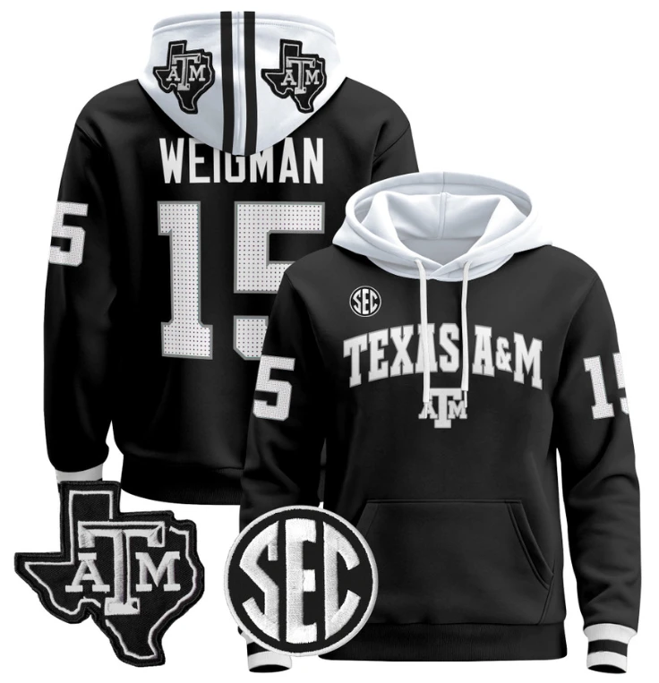 Conner Weigman Hoodie #15 Texas A&M Aggies Pullover Stitched Black by Hoodie Pullover