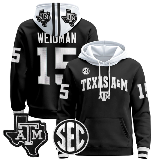 Conner Weigman Hoodie #15 Texas A&M Aggies Pullover Stitched Black by Hoodie Pullover
