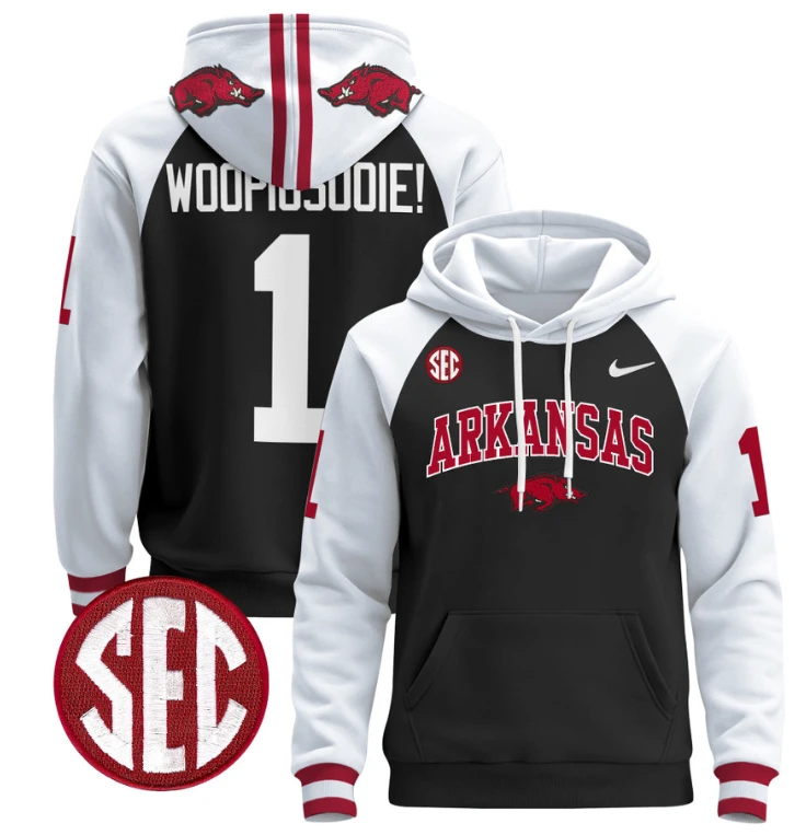 Woo Pig Sooie Hoodie #1 Arkansas Razorbacks Pullover Black White by Hoodie Pullover