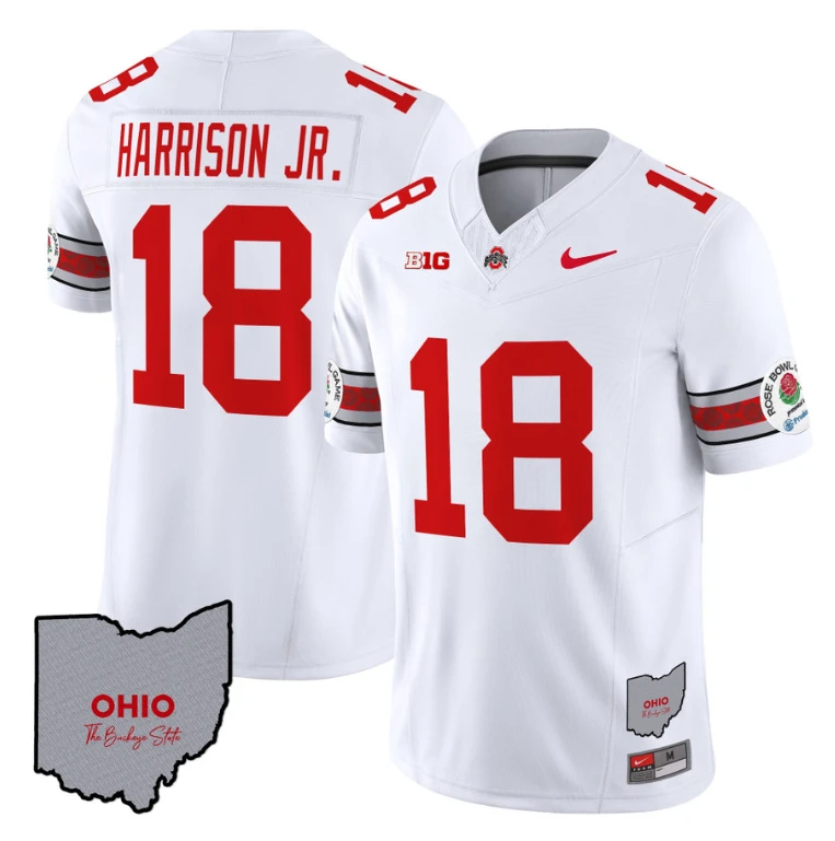 Marvin Harrison Jr Jersey #18 Ohio State Rose Bowl Patch Football V3 White by NCAA Football Jersey