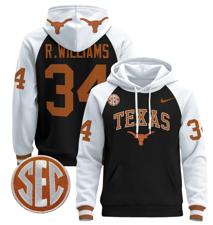Men's Ricky Williams Hoodie #34 Texas Longhorns Pullover Stitched by Hoodie Pullover