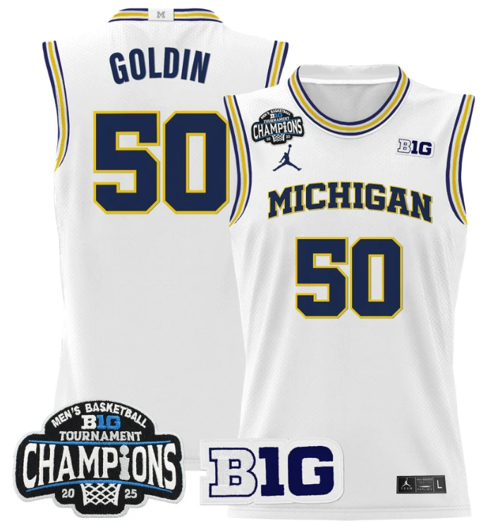 Men Vladislav Goldin Jersey #50 Michigan Wolverines 2025 Big Ten Champions White by My store basketball