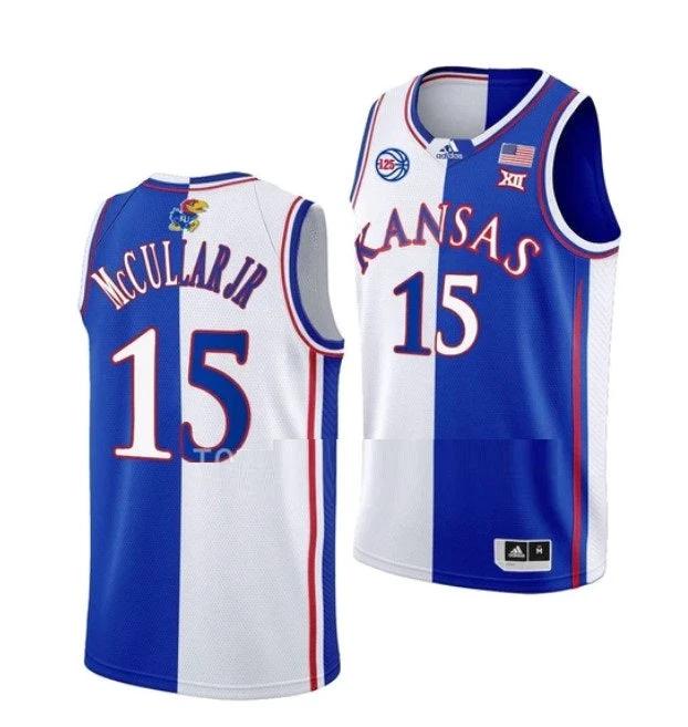Men's #15 Kevin McCullar Jr Jersey Kansas Jayhawks College Basketball Jerseys White Royal Split by My store basketball