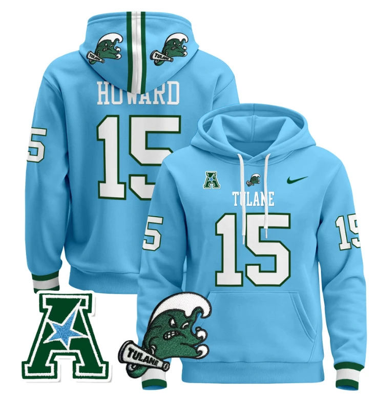 Sam Howard Hoodie #15 Tulane Green Wave Pullover Stitched Blue Alternate by Hoodie Pullover