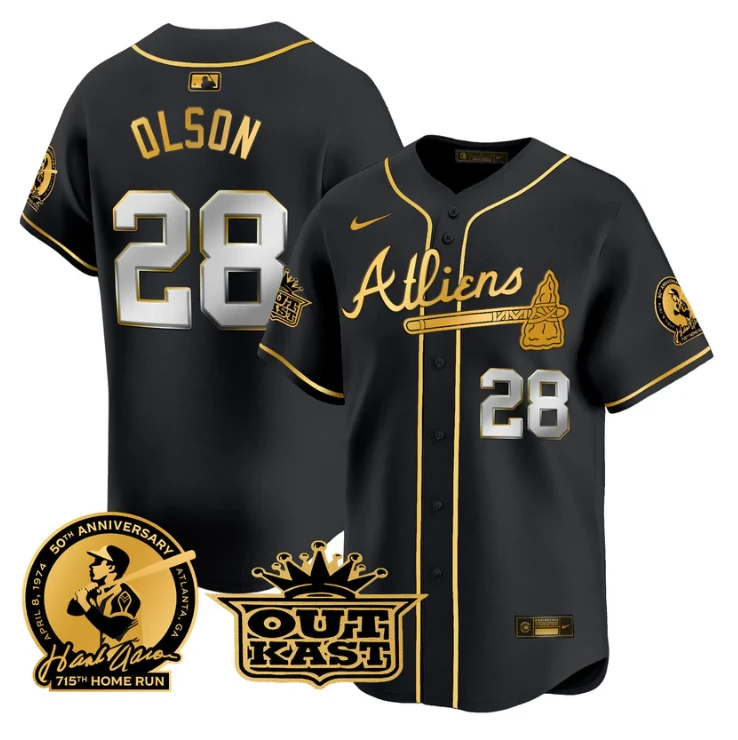Matt Olson Jersey #28 Atlanta Braves Atliens Hank Aaron Patch Limited Stitched Black Gold by My Store