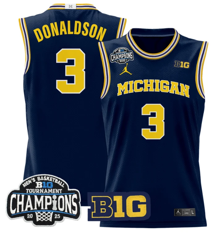 Men Tre Donaldson Jersey #3 Michigan Wolverines 2025 Big Ten Champions Navy by My store basketball
