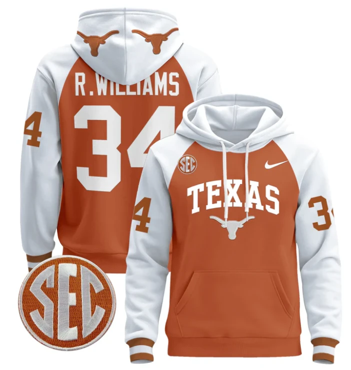 Men's Ricky Williams Hoodie #34 Texas Longhorns Pullover Stitched by Hoodie Pullover