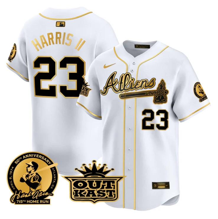 Michael Harris II Jersey #23 Atlanta Braves Atliens Hank Aaron Patch Limited Stitched White Gold by My Store