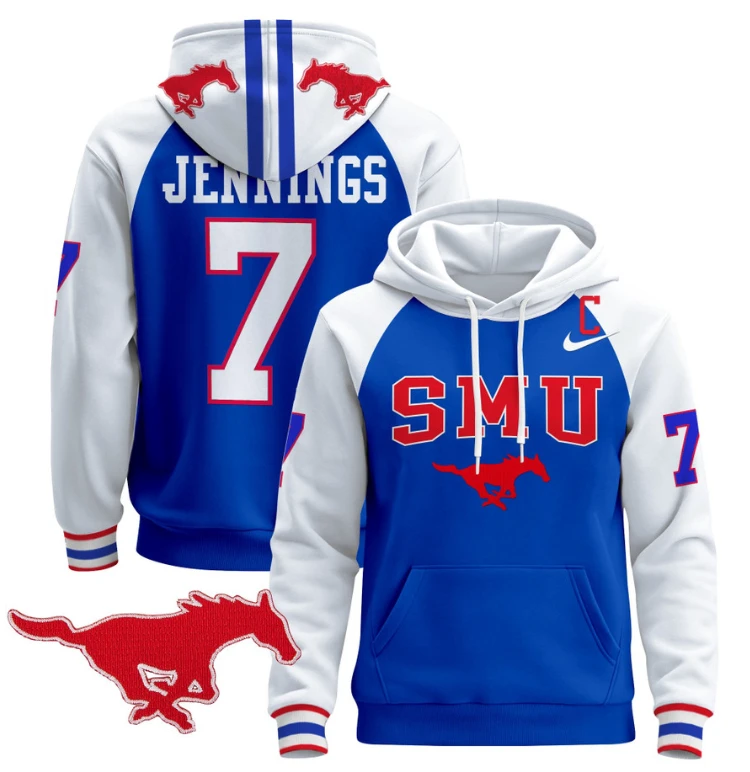 Men's Kevin Jennings Hoodie #7 SMU Mustangs Pullover V2 Stitched by Hoodie Pullover