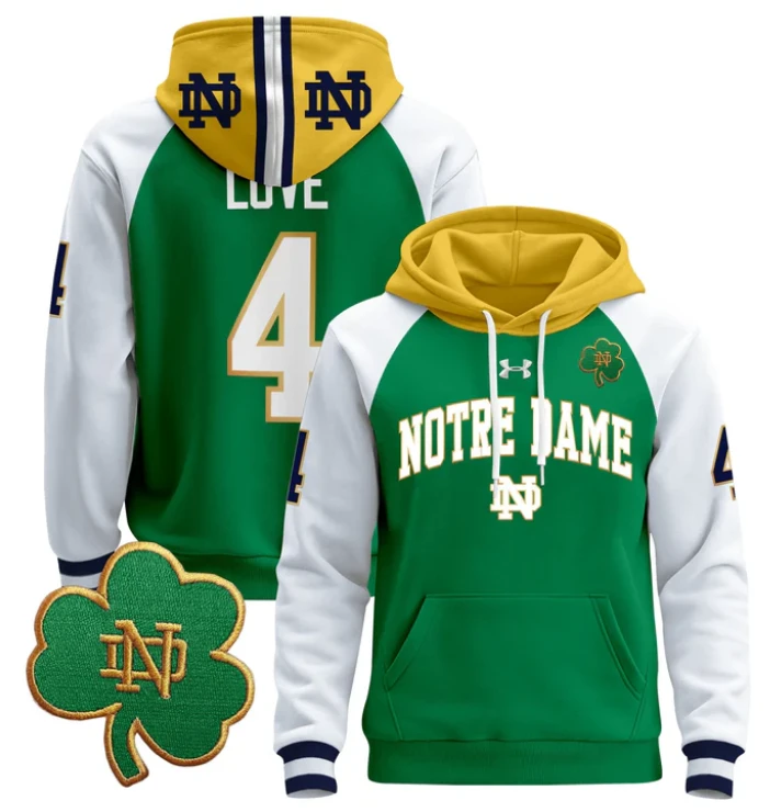 Men's Jeremiyah Love Hoodie #4 Notre Dame Fighting Irish Pullover by Hoodie Pullover