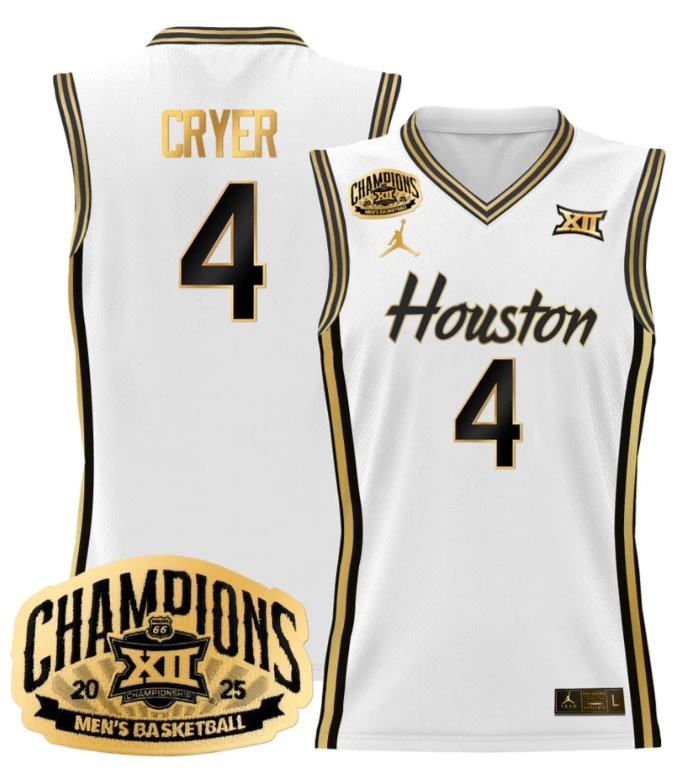 Men L.J. Cryer Jersey #4 Houston Cougar 2025 Big 12 Champions White Gold by My store basketball