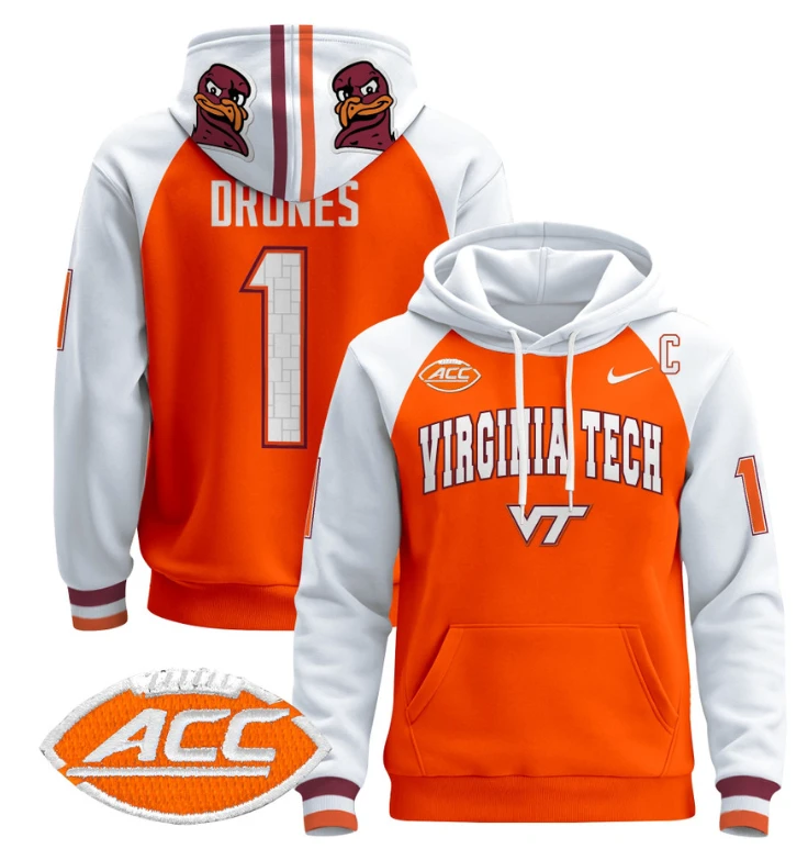Kyron Drones Hoodie #1 Virginia Tech Hokies Pullover by Hoodie Pullover