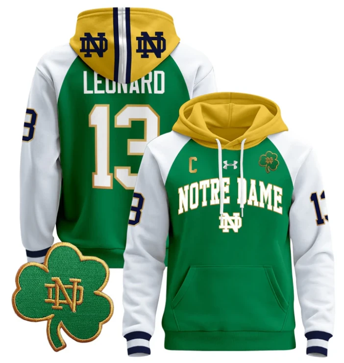 Men's Riley Leonard Hoodie #13 Notre Dame Fighting Irish Pullover by Hoodie Pullover