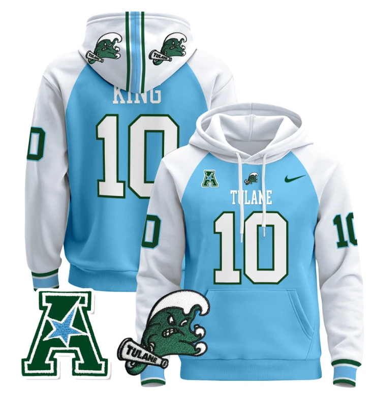 Shaun King Hoodie #10 Tulane Green Wave Pullover Stitched Blue Alternate by Hoodie Pullover