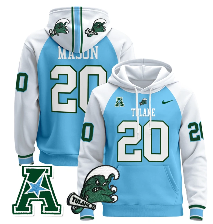 Tommy Mason Hoodie #20 Tulane Green Wave Pullover Stitched Blue Alternate by Hoodie Pullover