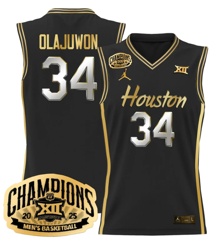 Men Hakeem Olajuwon Jersey #34 Houston Cougar 2025 Big 12 Champions Black Gold by My store basketball