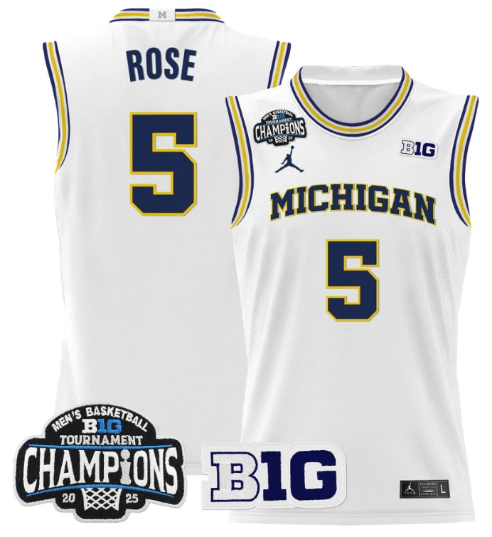 Men Jalen Rose Jersey #5 Michigan Wolverines 2025 Big Ten Champions White by My store basketball