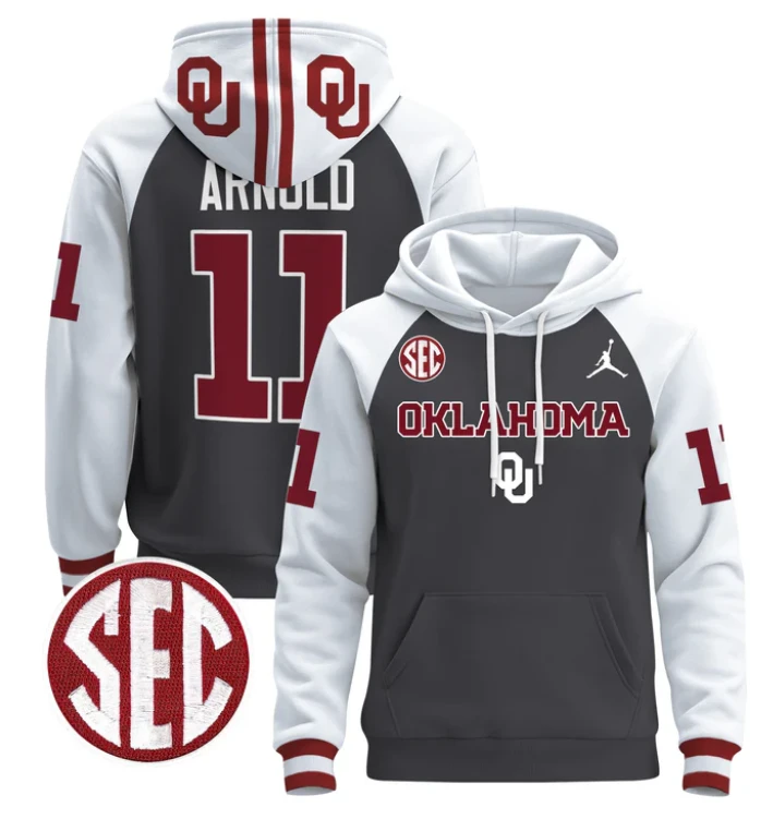 Men's Jackson Arnold Hoodie #11 Oklahoma Sooners 2024 Pullover V3 by Hoodie Pullover