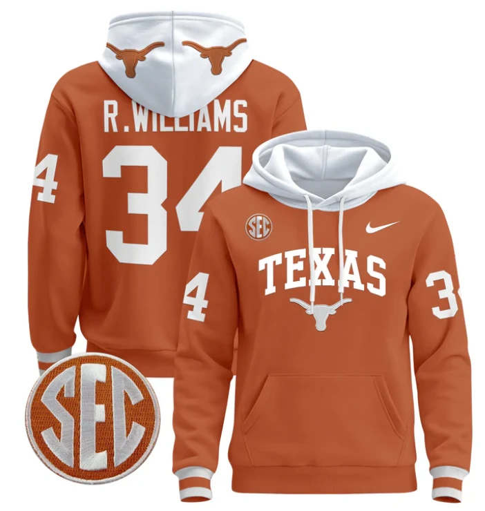 Men's Ricky Williams Hoodie #34 Texas Longhorns Pullover Stitched by Hoodie Pullover