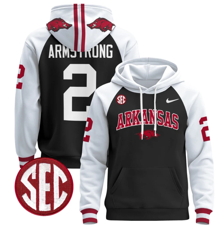 Andrew Armstrong Hoodie #22 Arkansas Razorbacks Pullover Black White by Hoodie Pullover