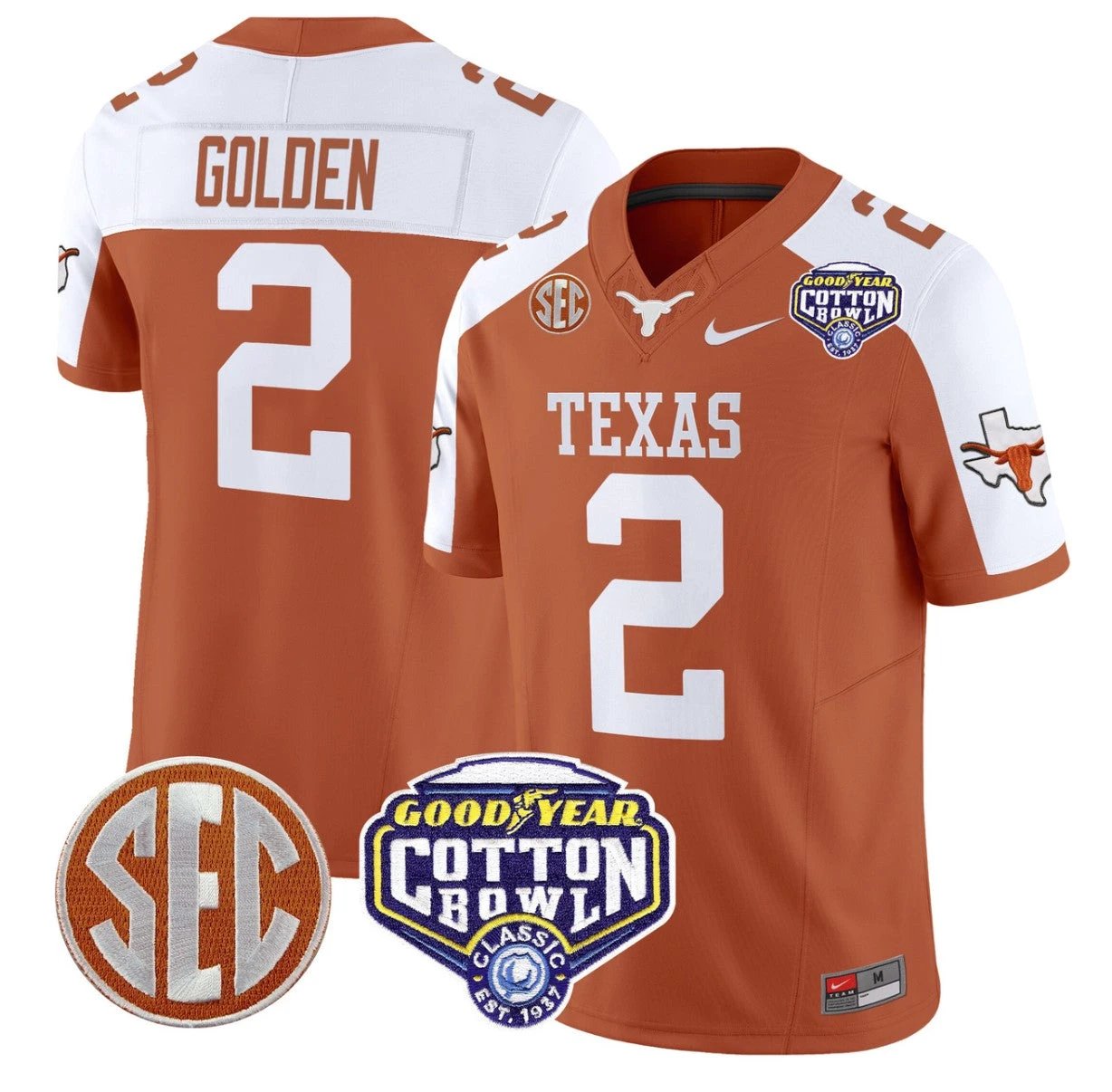 Matthew Golden Jersey #2 Texas Longhorns Cotton Bowl Patch Orange Alternate by NCAA Football Jersey