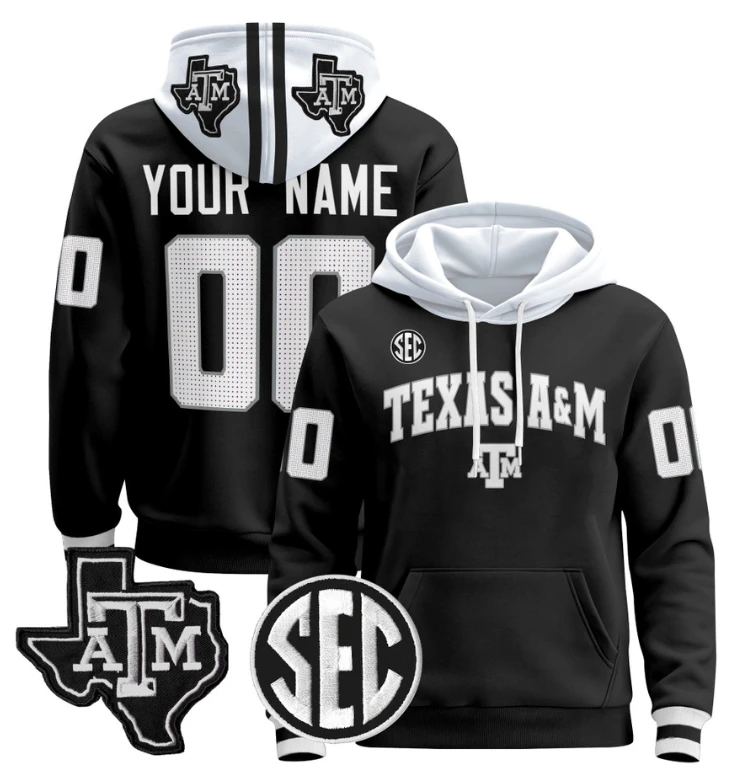 Custom Texas A&M Aggies Hoodie Name, Number Pullover Stitched Black by Hoodie Pullover