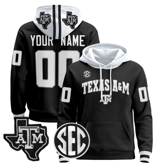 Custom Texas A&M Aggies Hoodie Name, Number Pullover Stitched Black by Hoodie Pullover