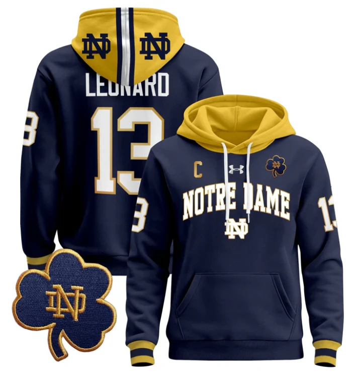 Men's Riley Leonard Hoodie #13 Notre Dame Fighting Irish Pullover by Hoodie Pullover