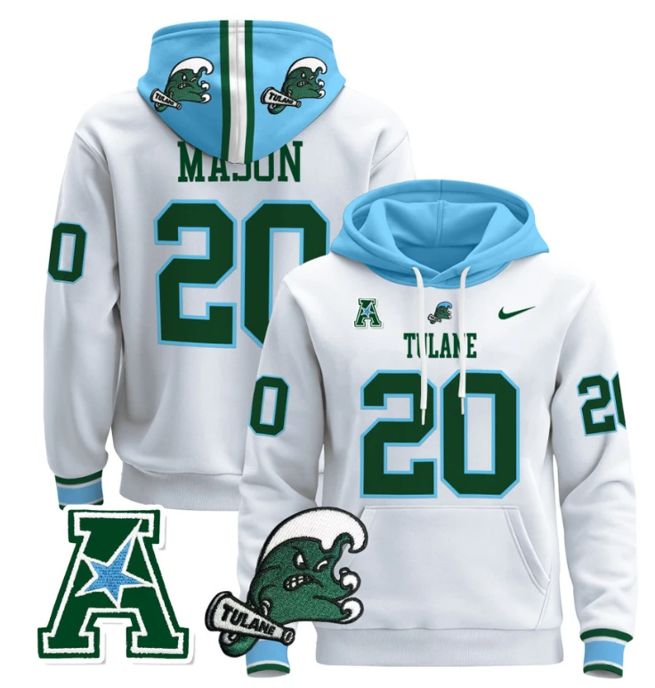 Tommy Mason Hoodie #20 Tulane Green Wave Pullover Stitched Blue Alternate by Hoodie Pullover