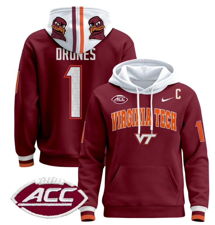 Kyron Drones Hoodie #1 Virginia Tech Hokies Pullover by Hoodie Pullover