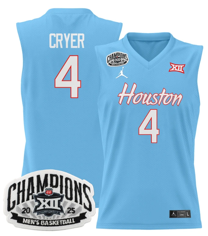 Men L.J. Cryer Jersey #4 Houston Cougar 2025 Big 12 Tournament Champions Blue by My store basketball