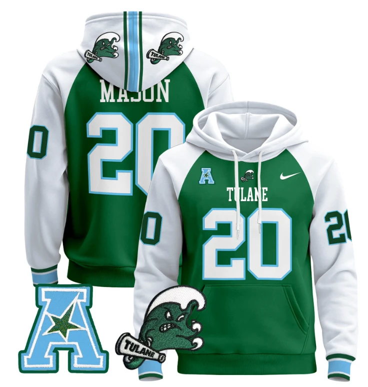 Tommy Mason Hoodie #20 Tulane Green Wave Pullover Stitched Blue Alternate by Hoodie Pullover