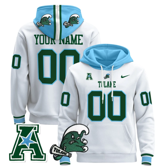 Custom Tulane Green Wave Hoodie Name, Number Pullover Blue Alternate by Hoodie Pullover