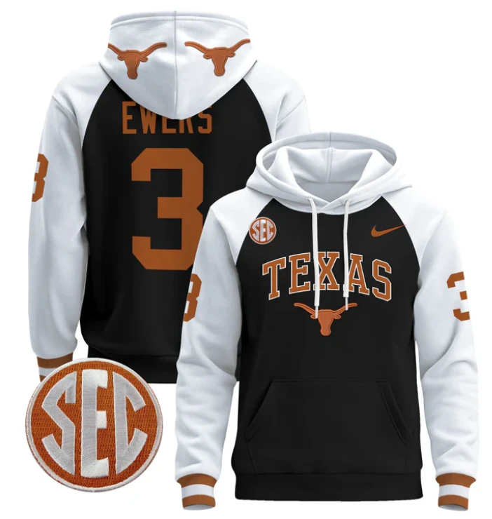 Men's Quinn Ewers Hoodie #3 Texas Longhorns Pullover Stitched by Hoodie Pullover