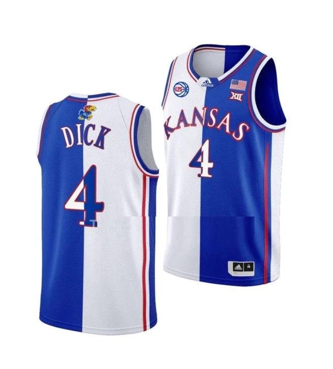 Men's #4 Gradey Dick Jersey Kansas Jayhawks College Basketball Jerseys White Royal Split by My store basketball