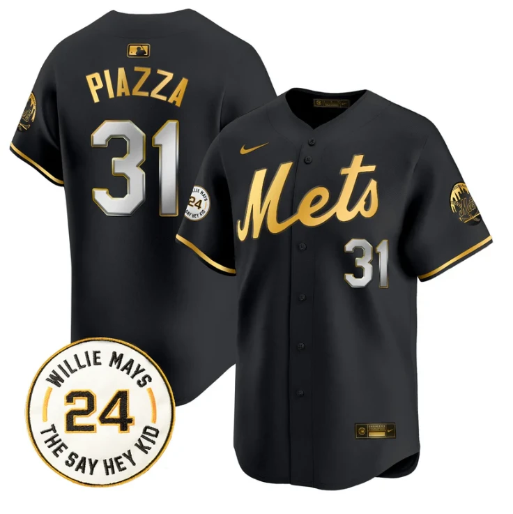 Mike Piazza Jersey #31 Mets Willie Mays Patch Vapor Premier Limited Stitched Black Gold by My Store